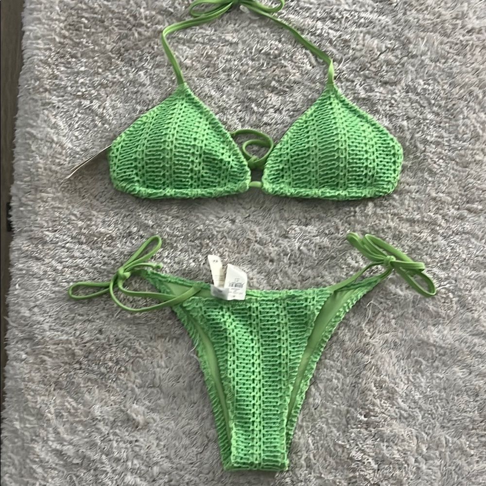 Aerie Green Crochet Bikini with Triangle Top and Tie-Side Bottoms